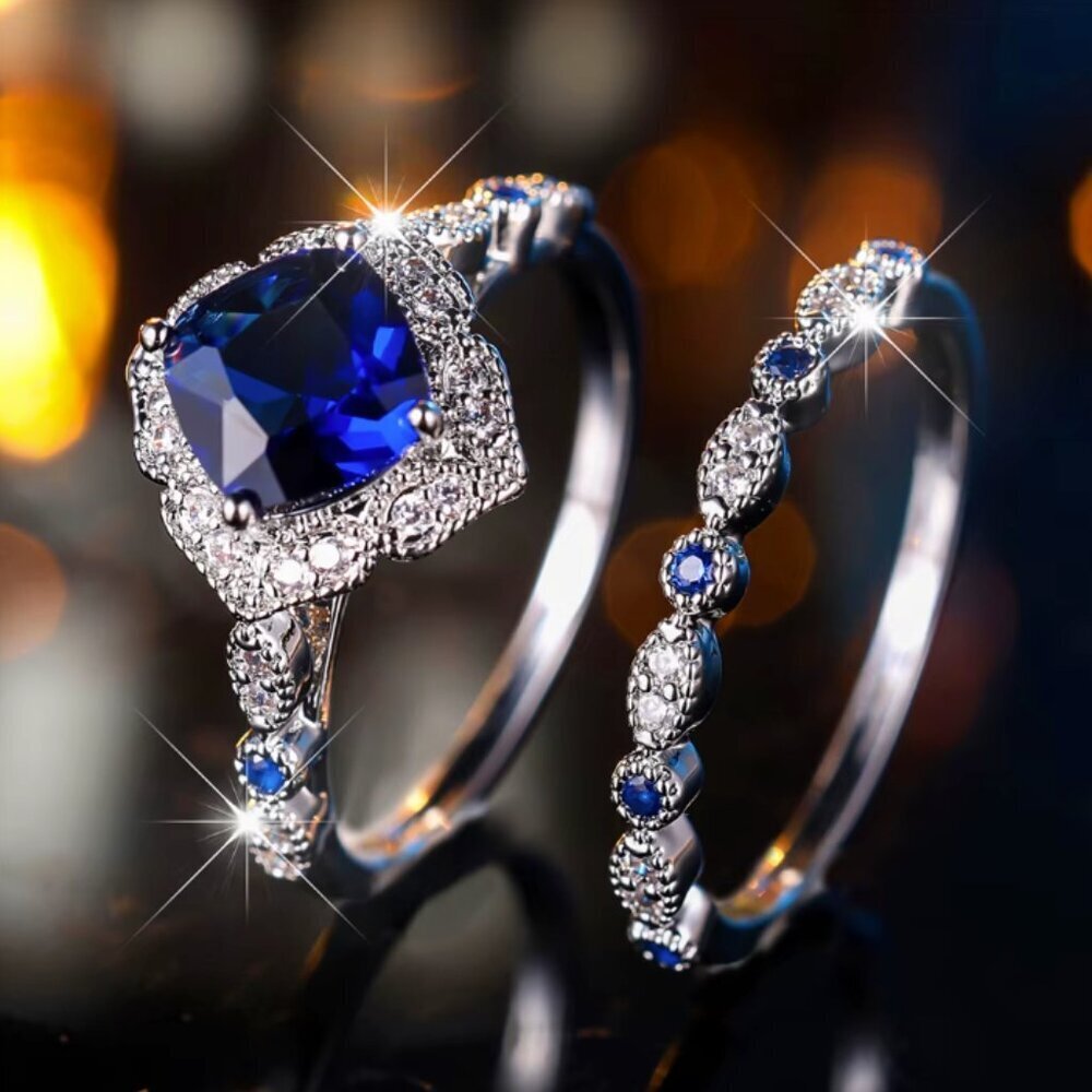 14k White Gold Blue Sapphire Diamond Ring Cushion Cut